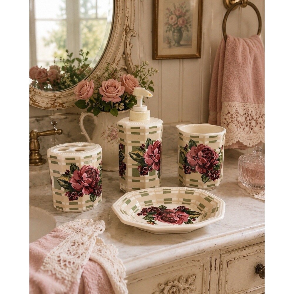 Vintage Water Works Co Floral Rose 4 Pc Ceramic Bathroom Vanity Set Cottagecore